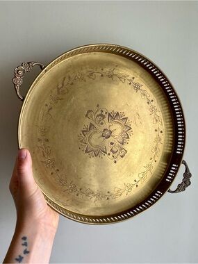 Brass Decorative Serving Tray Floral Engraving